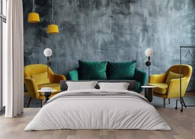 a living room interior with a green velvet sofa and two yellow velvet armchairs against a grey concr Wall mural