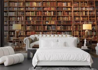 A luxurious library interior with a large wall of bookshelves. a white tufted sofa. two lamps. and a coffee table Wall mural