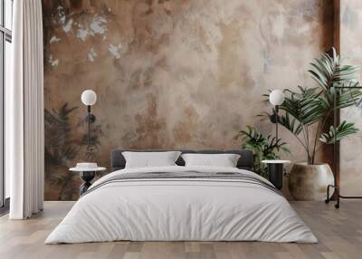 a minimalist interior design with a rustic brown wall with a distressed finish. featuring two potted Wall mural