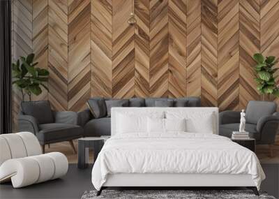 A minimalist living room interior with a gray sofa and two armchairs in front of a herringbone wood wall Wall mural