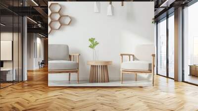 A minimalist living room interior with two armchairs. a wooden coffee table. a vase of flowers. and a hexagonal shelf on a white wall Wall mural