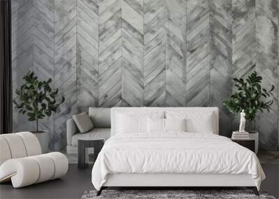 a minimalist living room with a grey sofa. two potted plants. and a herringbone pattern wall Wall mural