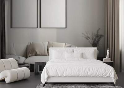 A minimalist living room with a white sofa. black coffee table. and two blank frames hanging on the wall There is a rug on the floor and a plant in a vase on a side table Wall mural