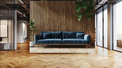 A modern living room interior with a blue velvet sofa against a wood slat wall, featuring plants and natural light. Wall mural