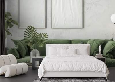 A modern living room interior with a green sofa. a round coffee table. and two empty frames on a white wall Wall mural