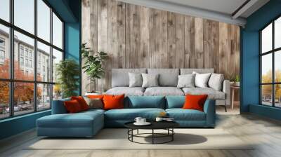 A modern living room interior with a grey sofa in front of a rustic wood accent wall. featuring a plant and two side tables Wall mural