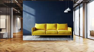 A modern yellow sofa in front of a dark blue wall with two hanging lamps. Wall mural