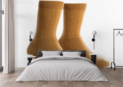 A pair of camel wool socks on white background Wall mural