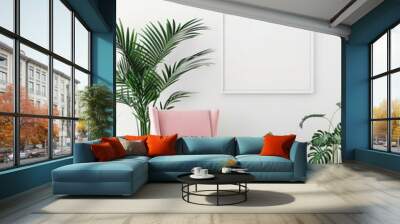 A pink armchair with a matching ottoman sits in front of a large framed picture in a modern living room The room is filled with greenery. creating a calming and inviting atmosphere Wall mural