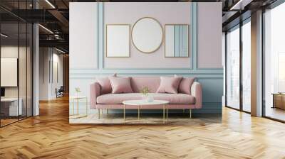 A pink sofa with gold legs sits in front of a pale pink wall with three gold framed mirrors. A white marble coffee table with gold legs is in front of the sofa, and there are two small gold end tables Wall mural