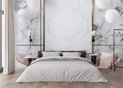 A stylish living room interior with two pink velvet armchairs. a coffee table. and a blank canvas on a marble wall Wall mural