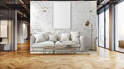 A white framed mockup poster hangs on a white brick wall above a white sofa with two coffee tables and a floor lamp in a living room Wall mural