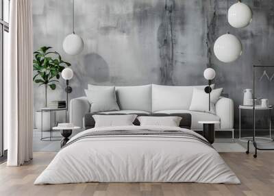 A white sofa with two side tables and a plant. against a rough textured grey wall with three hanging light fixtures Wall mural