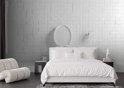 A white toilet in a minimalist bathroom with white tiled walls. a toilet brush. a roll of toilet paper. and a trash can Wall mural