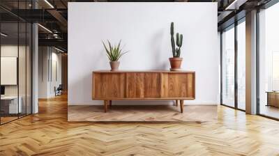 A wooden cabinet with two potted plants on a white wall background Wall mural