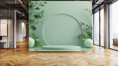 Abstract green podium with geometric composition for product display. 3D Rendering Mock up Wall mural