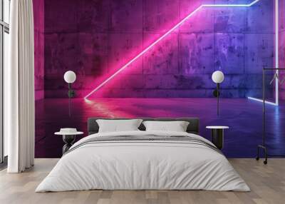 Abstract neon triangle lights in dark concrete room. Colorful pink, purple, and blue lines for futuristic product presentation backdrop. 3D Rendering Mock up Wall mural