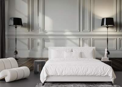 Classic white wall interior with sunlight shadow, decorative moldings on the wall and wooden floor. Wall mural