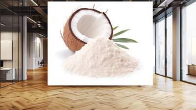 close up pile of finely dry organic fresh raw coconut powder isolated on white background. bright colored heaps of herbal, spice or seasoning recipes clipping path. selective focus Wall mural