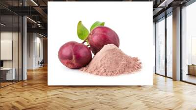 close up pile of finely dry organic fresh raw mangosteen powder isolated on white background. bright colored heaps of herbal, spice or seasoning recipes clipping path. selective focus Wall mural