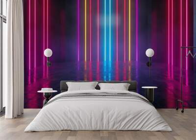 Colorful neon light stripes on dark background with abstract wallpaper design. 3D Rendering Mock up Wall mural