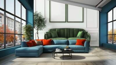 Elegant green velvet sofa in classic living room interior with empty picture frames. Interior mockup. 3d illustration Wall mural