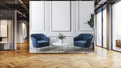 Elegant interior design with two blue velvet armchairs and a coffee table. The white wall features classic molding and a blank frame, perfect for showcasing your artwork or designs Wall mural