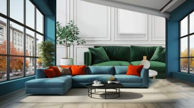 Elegant living room interior with a green velvet sofa, blank poster mockup on the wall, coffee table, and stylish decor. 3D rendering. Wall mural