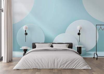 Minimalist 3D product display podium in pastel blue, white, and light grey hues. 3D Rendering Mock up Wall mural