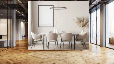 Minimalist dining room interior with a dining table, chairs, stylish lamp, and decor. Mockup poster frame on the wall. Wall mural