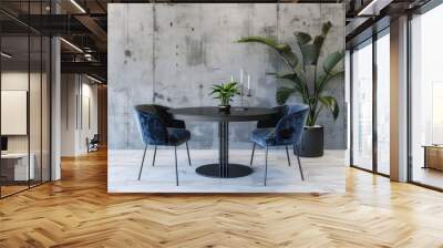 minimalist dining room interior with a round table. two blue velvet chairs. two plants. and a concre Wall mural