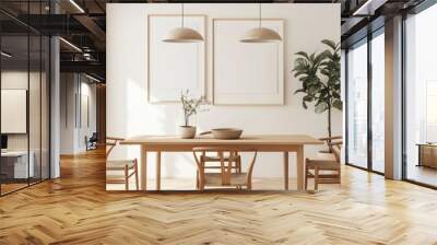 Minimalist dining room interior with wooden table and chairs, two blank poster frames, and a potted plant Wall mural