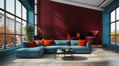 Minimalist interior design with two red armchairs in a dark red room with a window. Modern interior design with copy space Wall mural