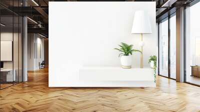 Minimalist interior with houseplants and a stylish lamp on a white shelf against a white wall. Copy space Wall mural