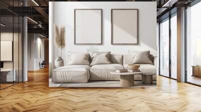 Minimalist living room interior design with two empty picture frames. a beige sofa. a coffee table. a vase with dried pampas grass. and a patterned rug Wall mural