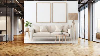 Minimalist living room interior with a beige sofa. two wooden framed posters. a side table. a floor lamp. and a small potted plant Wall mural