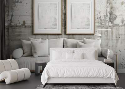 Minimalist living room interior with a grey sofa, two framed prints, and a floor lamp against a raw concrete wall Wall mural