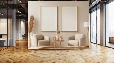 Minimalist living room interior with two empty vertical frame mockups on the wall. 3D rendering illustration. Wall mural