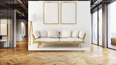 Minimalist living room interior with wooden sofa, floor lamp and two empty picture frames on the wall Wall mural