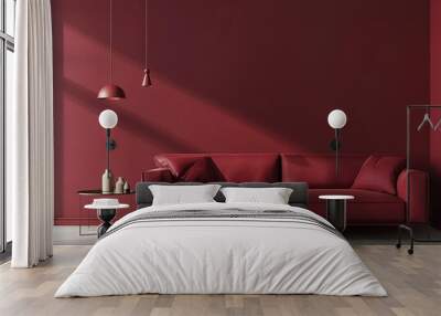 Minimalist living room with a red sofa and burgundy wall, two pendant lights, and a side table with vases Wall mural