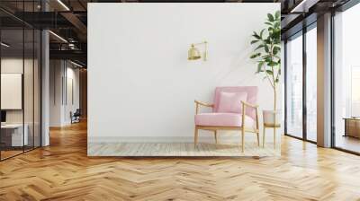 Minimalist living room with pink armchair, a potted plant and a gold wall lamp Wall mural