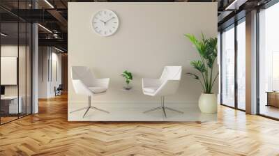 Minimalist waiting area with two white armchairs. a potted plant. and a clock on the wall Wall mural