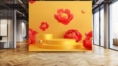 Minimalistic 3D render with podiums, red peonies, and golden balls on yellow background, ideal for advertising or product presentation. 3D Rendering Mock up Wall mural