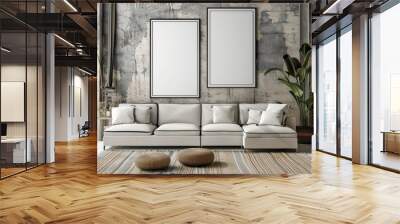 Minimalistic living room interior with a blank picture frame, a white sofa, indoor plants, a carpet, and a concrete wall. Mock up. . Wall mural