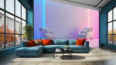 Minimalistic modern interior design with two comfortable armchairs and a coffee table. Blue and pink neon lights create a futuristic atmosphere. Wall mural