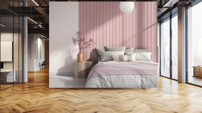 Modern, minimalist bedroom interior with pink wood panel wall, comfortable bed, and elegant bedside table. The perfect blend of style and comfort for a peaceful retreat Wall mural