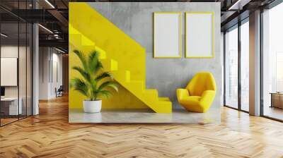 Modern and stylish interior design with yellow stairs, armchair and two mock up posters. Minimalist concept. Wall mural