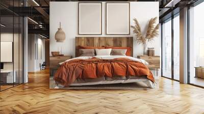 Modern bedroom interior with two empty frames mockup on the wall. wooden headboard. nightstands. orange blanket and pampas grass in a vase Wall mural