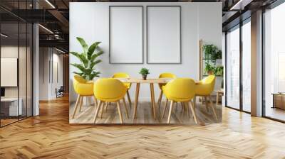 Modern dining room interior with yellow chairs. wooden table and two empty frames on white wall Wall mural