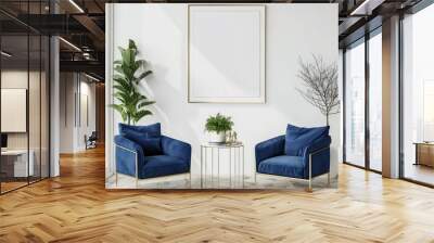 Modern interior design with two blue velvet armchairs and a coffee table. A blank picture frame on the wall provides space for your design. Wall mural